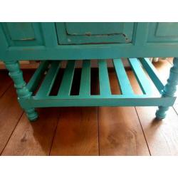 Brocante ibiza stijl kast met spijlen kleur turquoise