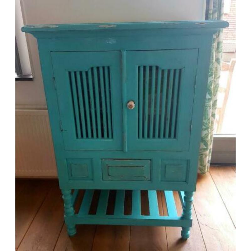 Brocante ibiza stijl kast met spijlen kleur turquoise