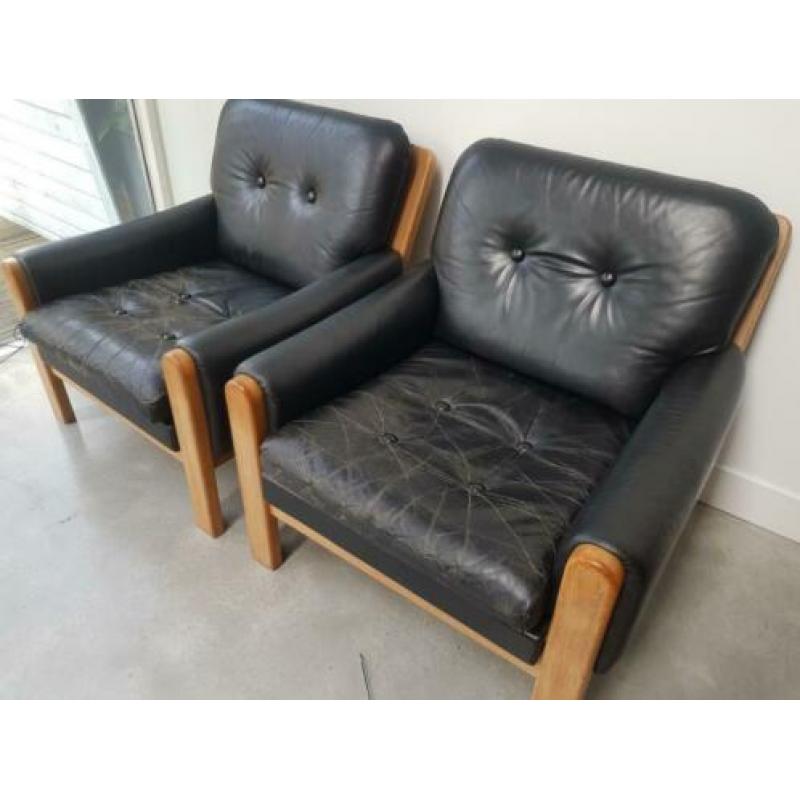 2x vintage leren fauteuil - Deens Design - 70s