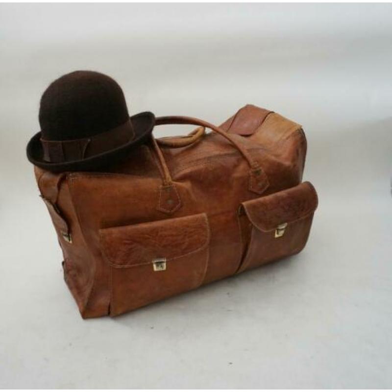 Antieke leren valies reistas brocante leren travelbag