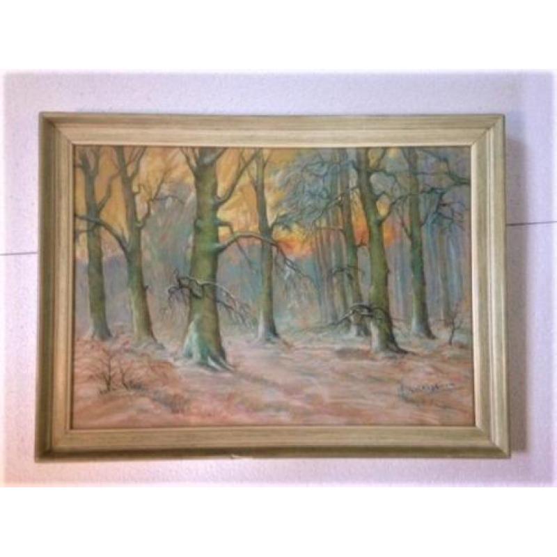 Prachtige pastel. Avondzon in loofbos, M. Bolkestein