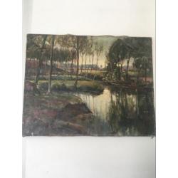 Oud olieverf schilderij platteland bomen water boerderij