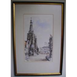 Aquarel met stadsgezicht van de markt Tilburg