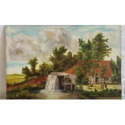 Olieverf boerderij met watermolen 1925 J. Meijer