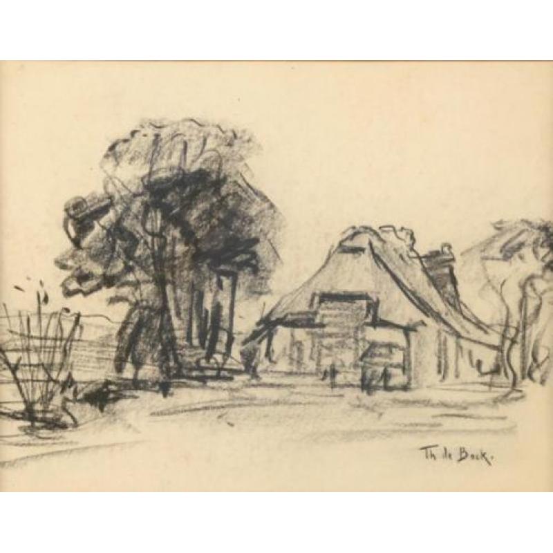 Théophile E A de Bock(1851)Houtskool Tekening"Boerderij" Ges