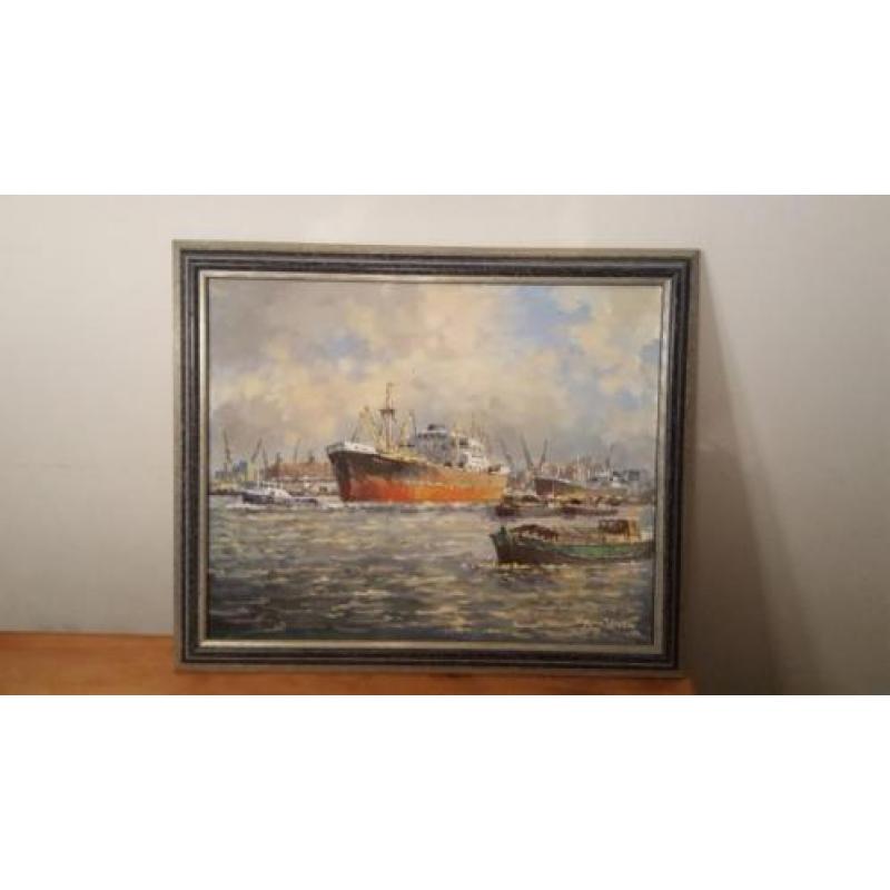 Anton van Unen olieverf Rotterdamse Haven 40 x 50cm doek