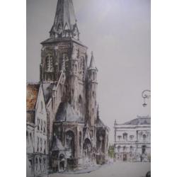 Aquarel met stadsgezicht van de markt Tilburg