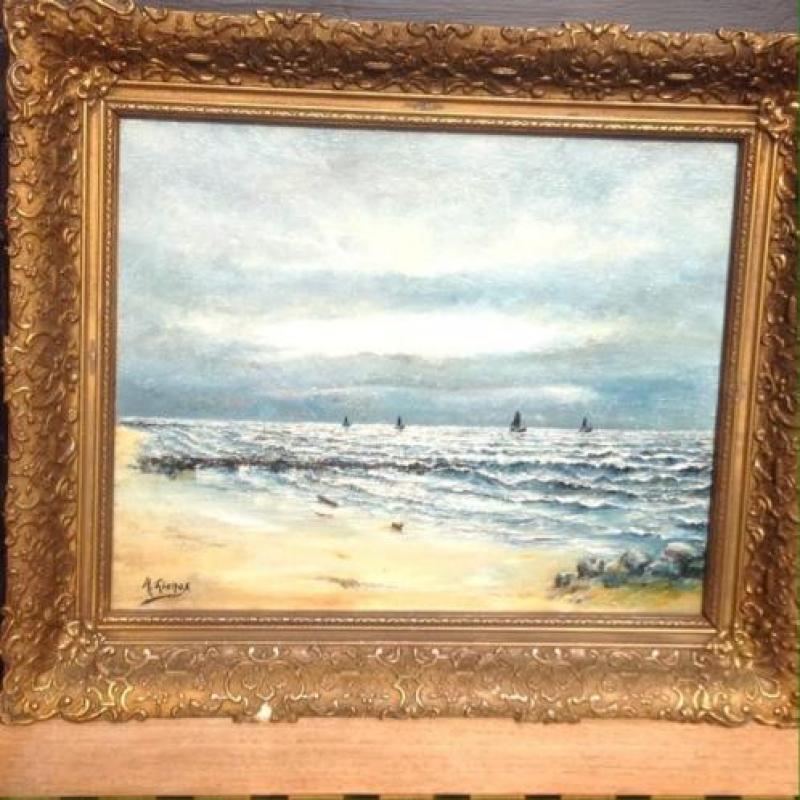 Schilderij zeezicht strand bootjes, Schilder Lienos