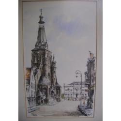 Aquarel met stadsgezicht van de markt Tilburg