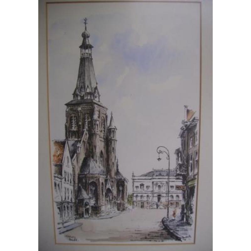 Aquarel met stadsgezicht van de markt Tilburg