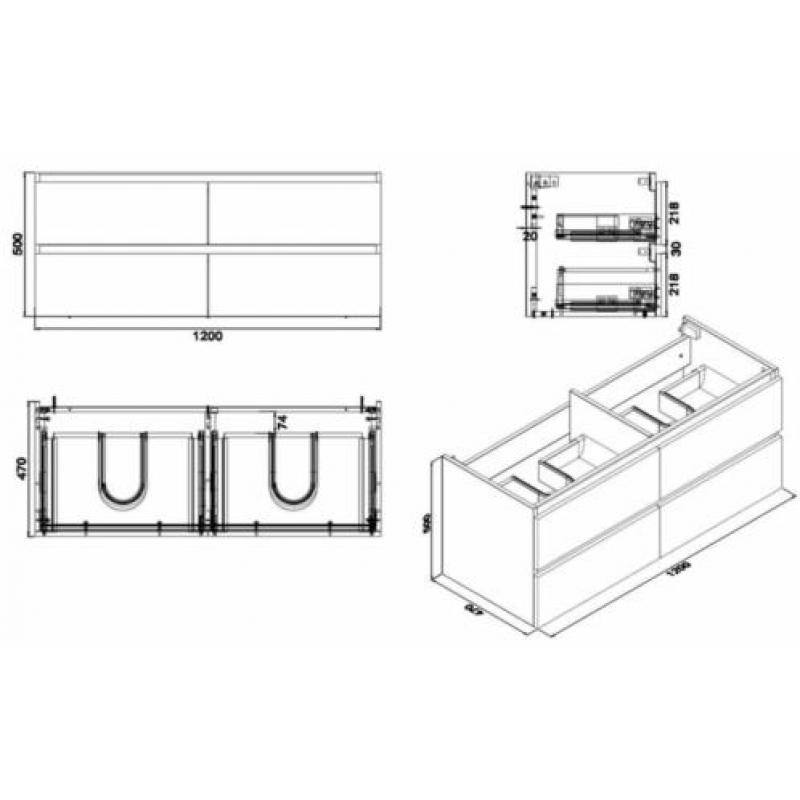 Vision losse onderkast dubbel+4 laden 120x47 hoogglans grijs